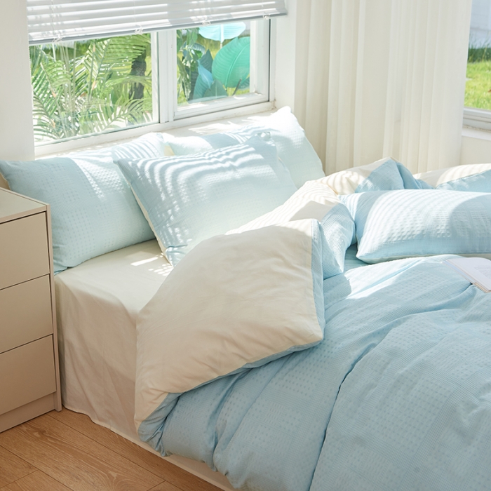 91家纺网 家纺一手货源 找家纺 慕尚 2025新款华夫格水洗棉四件套 华夫格 蓝