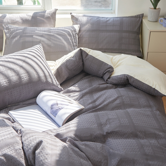 91家纺网 家纺一手货源 找家纺 慕尚 2025新款华夫格水洗棉四件套 华夫格 灰