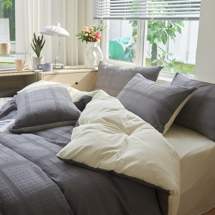 91家纺网 家纺一手货源 找家纺 慕尚 2025新款华夫格水洗棉四件套 华夫格 灰