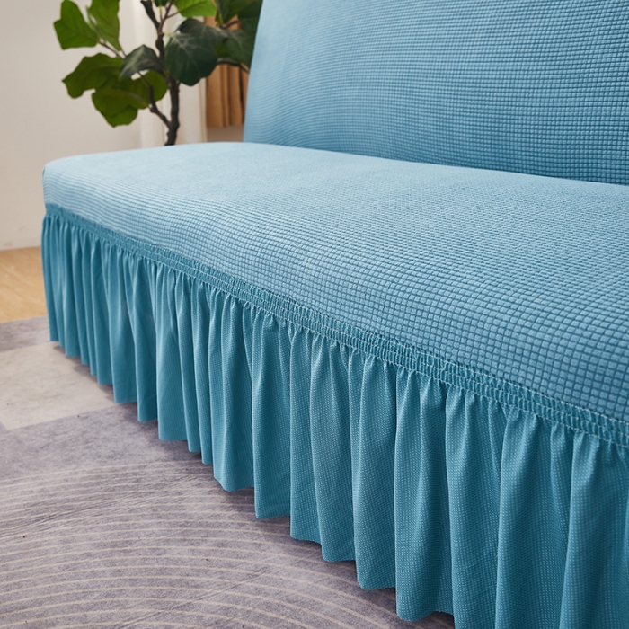 91家纺网 家纺一手货源 找家纺 丝绮鹿 2023新款玉米粒裙边款沙发床套 西湖蓝