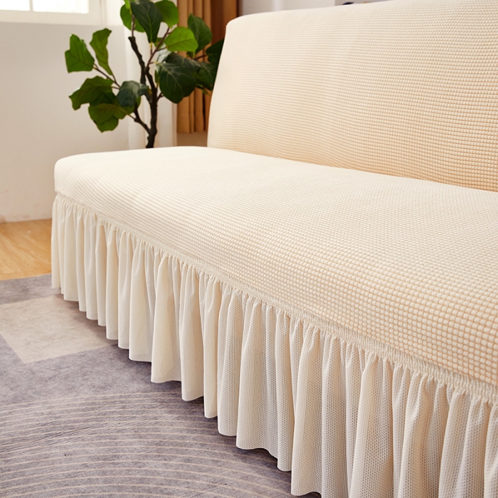 91家纺网 家纺一手货源 找家纺 丝绮鹿 2023新款玉米粒裙边款沙发床套 米黄