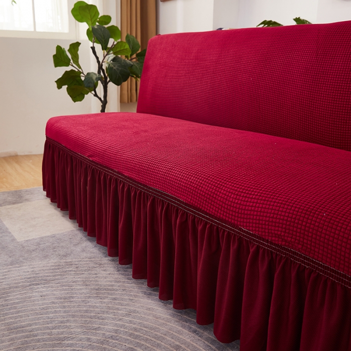 91家纺网 家纺一手货源 找家纺 丝绮鹿 2023新款玉米粒裙边款沙发床套 酒红