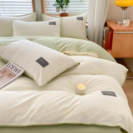 91家纺网 家纺一手货源 找家纺 2024无印A类全棉水洗棉贝壳针四件套 安娜贝欧-奶昔+果绿