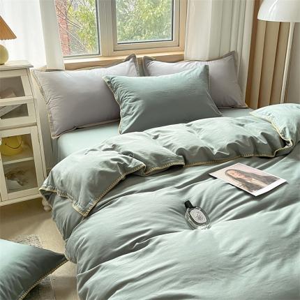 91家纺网 家纺一手货源 找家纺 2024无印A类全棉水洗棉贝壳针四件套 安娜贝欧-森蓝