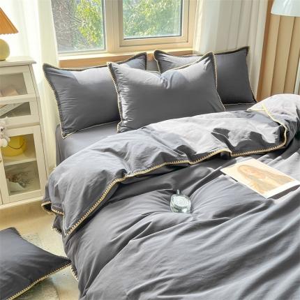 91家纺网 家纺一手货源 找家纺 2024无印A类全棉水洗棉贝壳针四件套 安娜贝欧-深灰