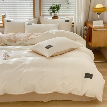 2024无印A类全棉水洗棉贝壳针四件套 安娜贝欧-奶昔+卡其