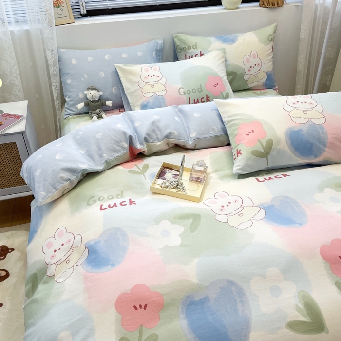 91家纺网 家纺一手货源 找家纺 绵庭 2023新款12868全棉ins小清新印花四件套 兔小贝