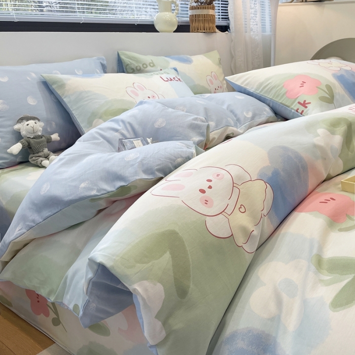 91家纺网 家纺一手货源 找家纺 绵庭 2023新款12868全棉ins小清新印花四件套 兔小贝