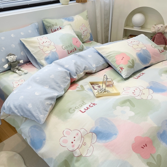 91家纺网 家纺一手货源 找家纺 绵庭 2023新款12868全棉ins小清新印花四件套 兔小贝