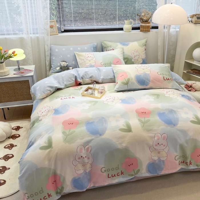 91家纺网 家纺一手货源 找家纺 绵庭 2023新款12868全棉ins小清新印花四件套 兔小贝