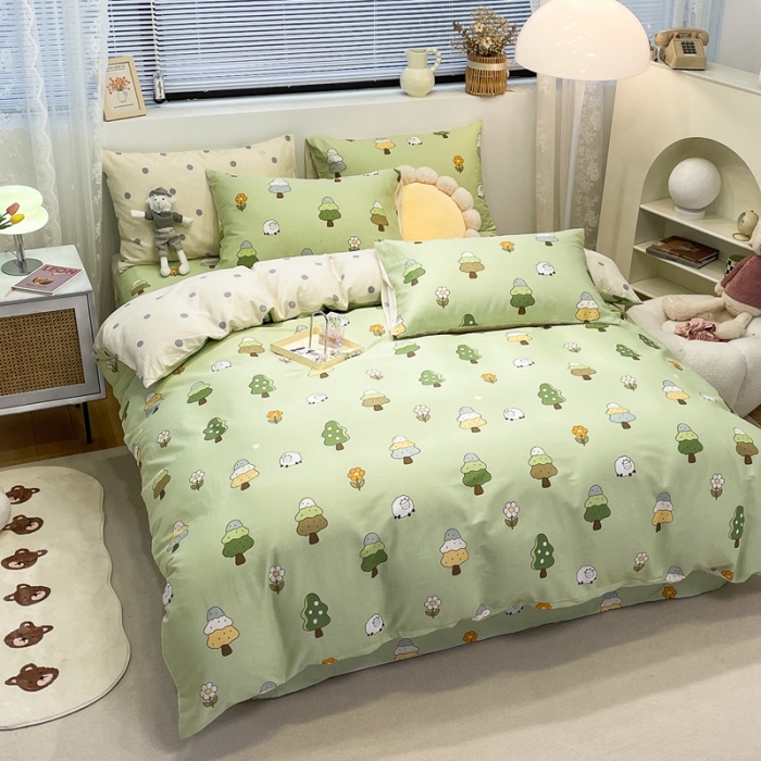 91家纺网 家纺一手货源 找家纺 绵庭 2023新款12868全棉ins小清新印花四件套 森林羊