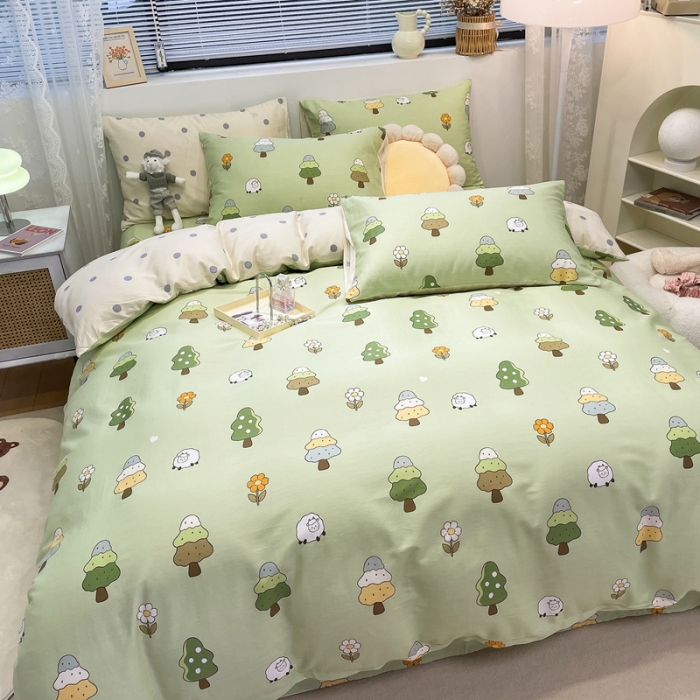 91家纺网 家纺一手货源 找家纺 绵庭 2023新款12868全棉ins小清新印花四件套 森林羊