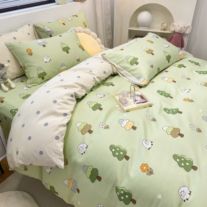 91家纺网 家纺一手货源 找家纺 绵庭 2023新款12868全棉ins小清新印花四件套 森林羊