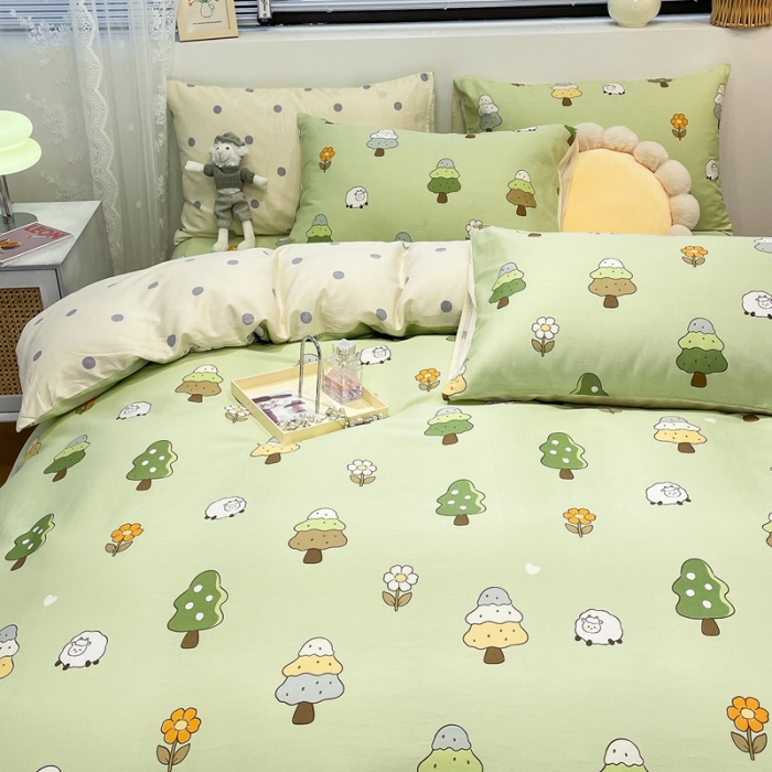 91家纺网 家纺一手货源 找家纺 绵庭 2023新款12868全棉ins小清新印花四件套 森林羊