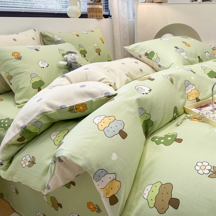 91家纺网 家纺一手货源 找家纺 绵庭 2023新款12868全棉ins小清新印花四件套 森林羊