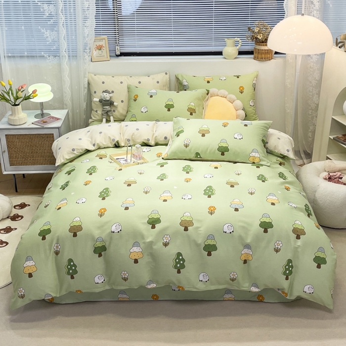 91家纺网 家纺一手货源 找家纺 绵庭 2023新款12868全棉ins小清新印花四件套 森林羊