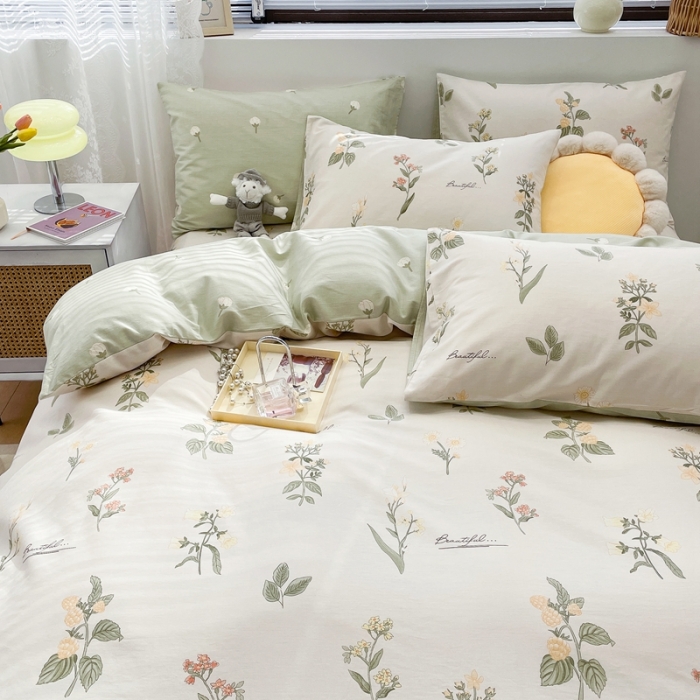 91家纺网 家纺一手货源 找家纺 绵庭 2023新款12868全棉ins小清新印花四件套 清然花香