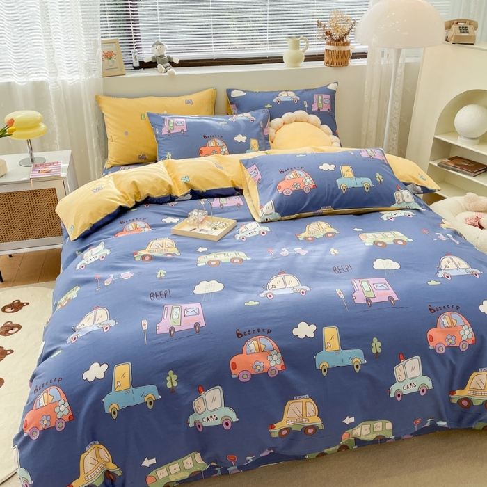 91家纺网 家纺一手货源 找家纺 绵庭 2023新款12868全棉ins小清新印花四件套 汽车总动员