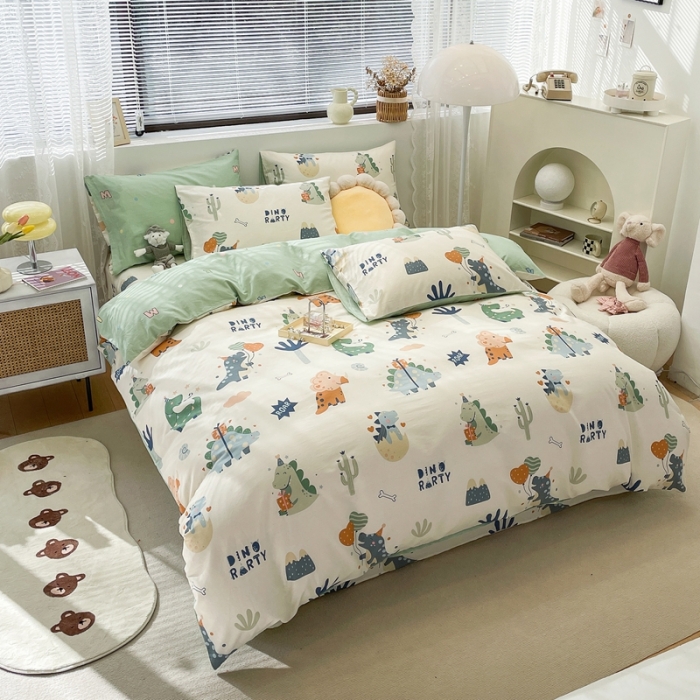 91家纺网 家纺一手货源 找家纺 绵庭 2023新款12868全棉ins小清新印花四件套 恐龙世界