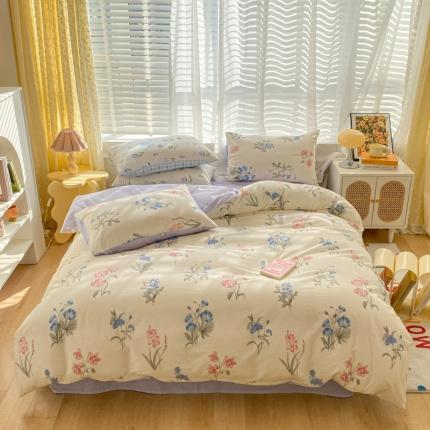 91家纺网 家纺一手货源 找家纺 卡巴伦 2023春夏新款全棉小清新ins小花四件套系列紫色花铃