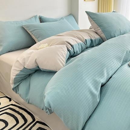 91家纺网 家纺一手货源 找家纺 N先生  2024新款小方格提花水洗棉四件套 湖水绿