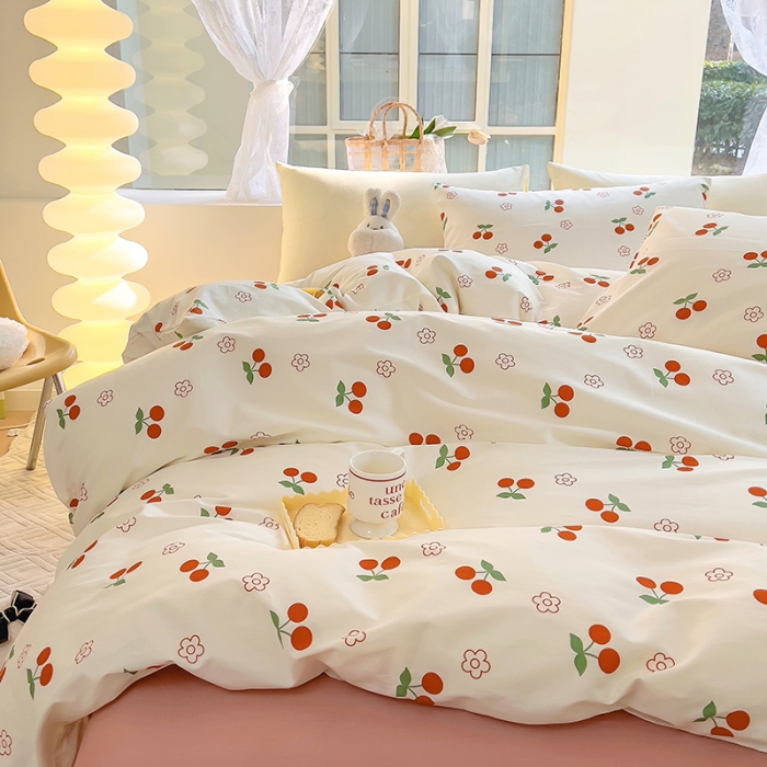 91家纺网 家纺一手货源 找家纺 田野 2023新款13372全棉四件套 樱桃-粉