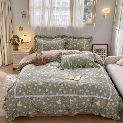 91家纺网 家纺一手货源 找家纺 眠屿 2023春夏新款全棉蕾丝对角花边四件套 芭蕾世界