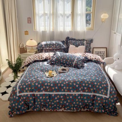 91家纺网 家纺一手货源 找家纺 眠屿 2023春夏新款全棉蕾丝对角花边四件套 草莓之恋