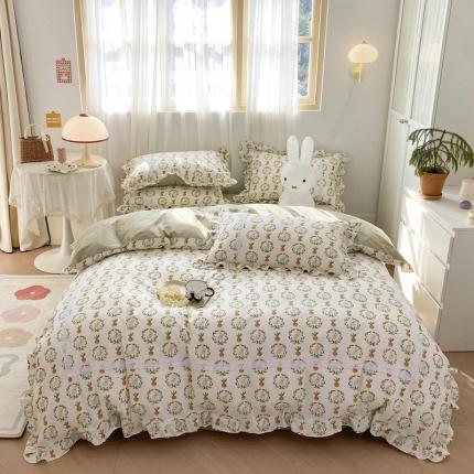 91家纺网 家纺一手货源 找家纺 眠屿 2023春夏新款全棉蕾丝对角花边四件套 丁香兔