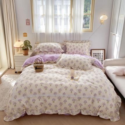 91家纺网 家纺一手货源 找家纺 眠屿 2023春夏新款全棉蕾丝对角花边四件套 花颂