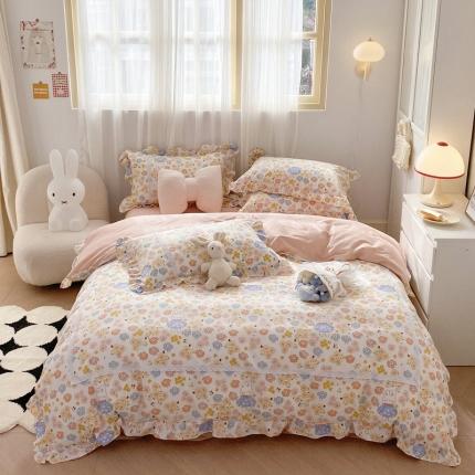 91家纺网 家纺一手货源 找家纺 眠屿 2023春夏新款全棉蕾丝对角花边四件套 花仙兔