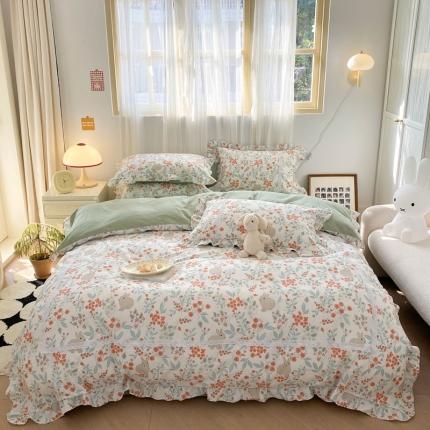 91家纺网 家纺一手货源 找家纺 眠屿 2023春夏新款全棉蕾丝对角花边四件套 花野兔