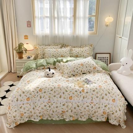 91家纺网 家纺一手货源 找家纺 眠屿 2023春夏新款全棉蕾丝对角花边四件套 桔园