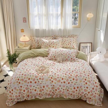 91家纺网 家纺一手货源 找家纺 眠屿 2023春夏新款全棉蕾丝对角花边四件套 草莓小兔