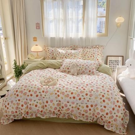 眠屿 2023春夏新款全棉蕾丝对角花边四件套 草莓小兔