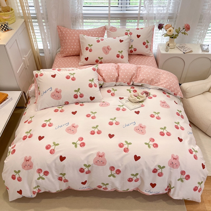 91家纺网 家纺一手货源 找家纺 晨希2023年新款全棉花卉印花简约款多规格四件套 樱桃兔