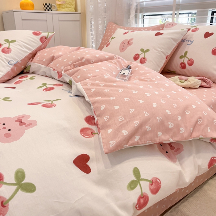 91家纺网 家纺一手货源 找家纺 晨希2023年新款全棉花卉印花简约款多规格四件套 樱桃兔