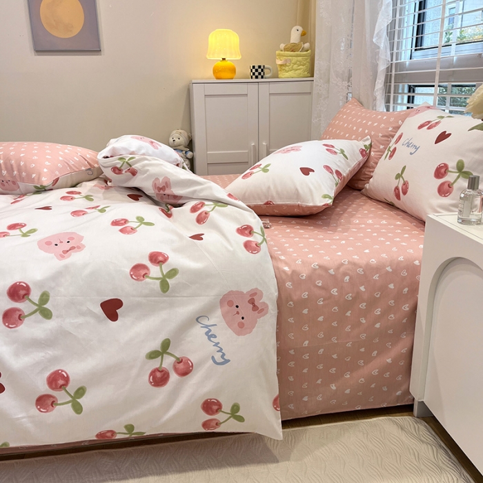 91家纺网 家纺一手货源 找家纺 晨希2023年新款全棉花卉印花简约款多规格四件套 樱桃兔