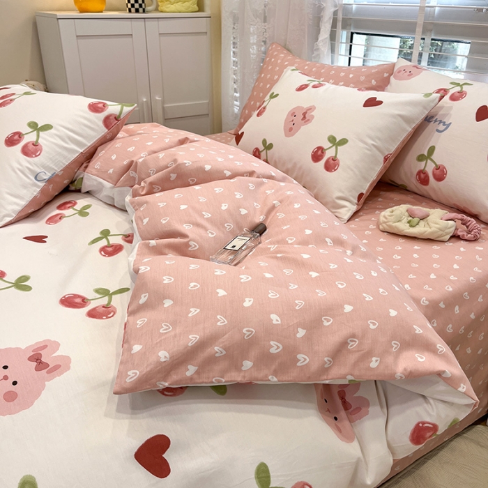 91家纺网 家纺一手货源 找家纺 晨希2023年新款全棉花卉印花简约款多规格四件套 樱桃兔