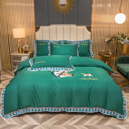 91家纺网 家纺一手货源 找家纺 2025宽边数码印花水洗真丝绣花四件套 轻奢刺绣冰丝天丝套件