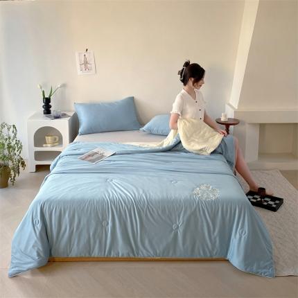 91家纺网 家纺一手货源 找家纺 兄弟坊 2024新款针织棉纯色刺绣夏被 爱丽丝-宾利蓝米黄