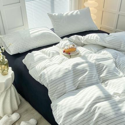 91家纺网 家纺一手货源 找家纺 家贝爱 2023新款亲肤裸睡水洗棉四件套 雅黑细条