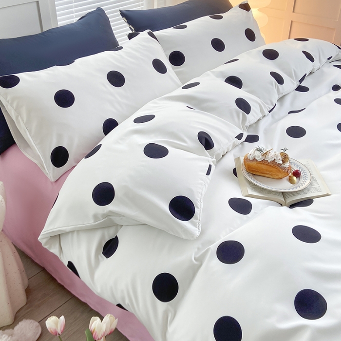 91家纺网 家纺一手货源 找家纺 家贝爱 2023新款亲肤裸睡水洗棉四件套 波点粉