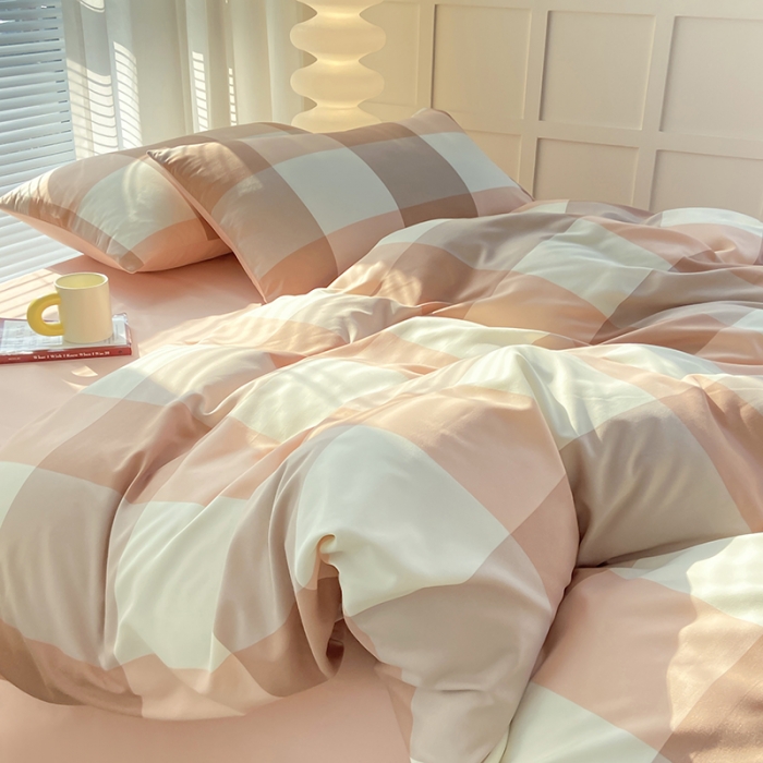 91家纺网 家纺一手货源 找家纺 家贝爱 2023新款亲肤裸睡水洗棉四件套 粉玉大格