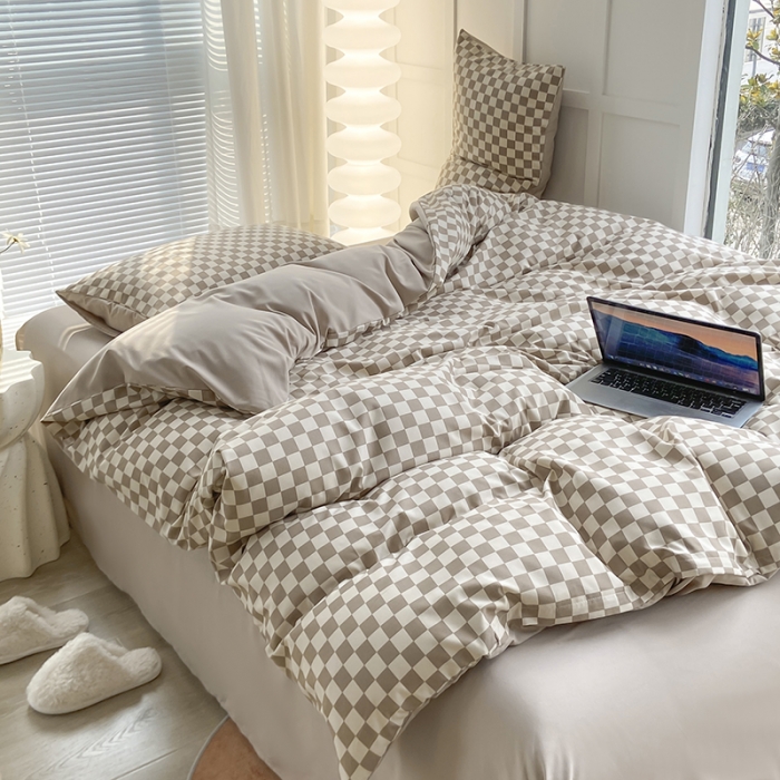 91家纺网 家纺一手货源 找家纺 家贝爱 2023新款亲肤裸睡水洗棉四件套 复古卡格