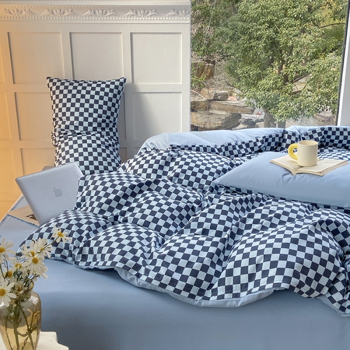 91家纺网 家纺一手货源 找家纺 家贝爱 2023新款亲肤裸睡水洗棉四件套 复古兰格