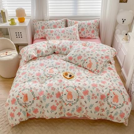 91家纺网 家纺一手货源 找家纺 木堇家居 2023新款13372全棉印花四件套 花园兔兔