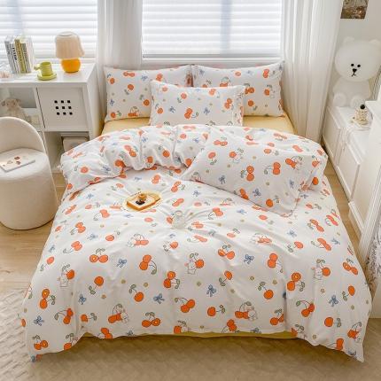 91家纺网 家纺一手货源 找家纺 木堇家居 2023新款13372全棉印花四件套 樱桃小兔