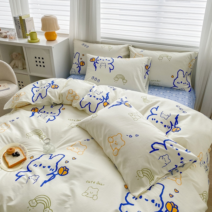 91家纺网 家纺一手货源 找家纺 木堇家居 2023新款13372全棉印花四件套 奶油小白