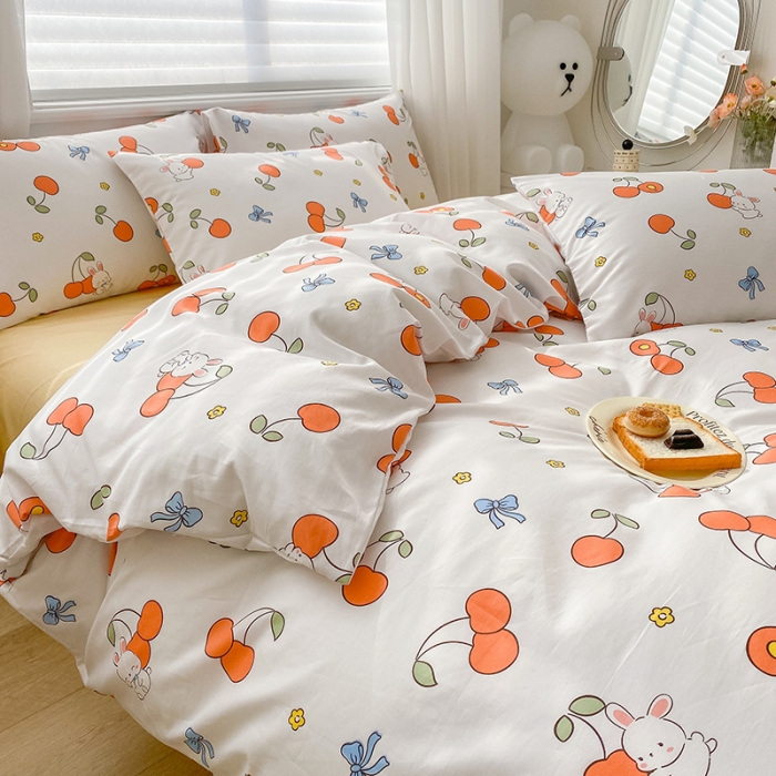 91家纺网 家纺一手货源 找家纺 木堇家居 2023新款13372全棉印花四件套 樱桃小兔